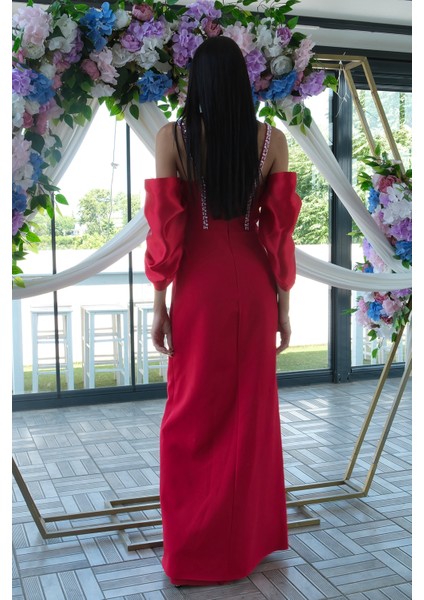 Kırmızı Kolları Şifon Yırtmaçlı Abiye 9705139.08 indirimleri