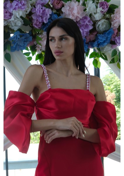 Kırmızı Kolları Şifon Yırtmaçlı Abiye 9705139.08