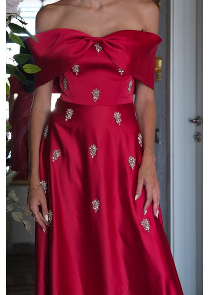 Kırmızı Fiyonk Yaka Taş Detaylı Abiye 9705541.08