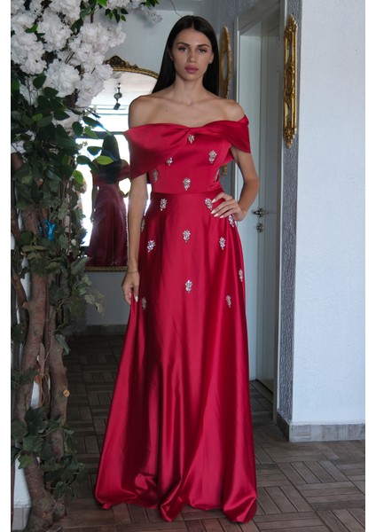 Kırmızı Fiyonk Yaka Taş Detaylı Abiye 9705541.08