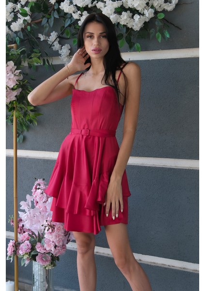 Kırmızı Ip Askılı Bel Kemer Bağlamalı Mini Boy Abiye 0802004.08