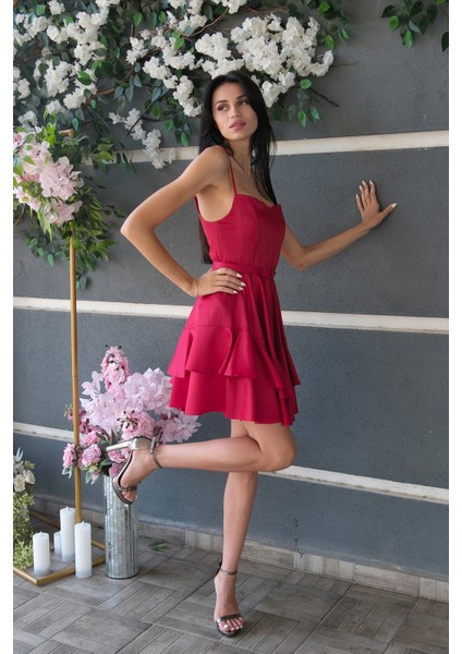 Kırmızı Ip Askılı Bel Kemer Bağlamalı Mini Boy Abiye 0802004.08 fiyatları