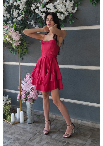 Kırmızı Ip Askılı Bel Kemer Bağlamalı Mini Boy Abiye 0802004.08 fırsatları