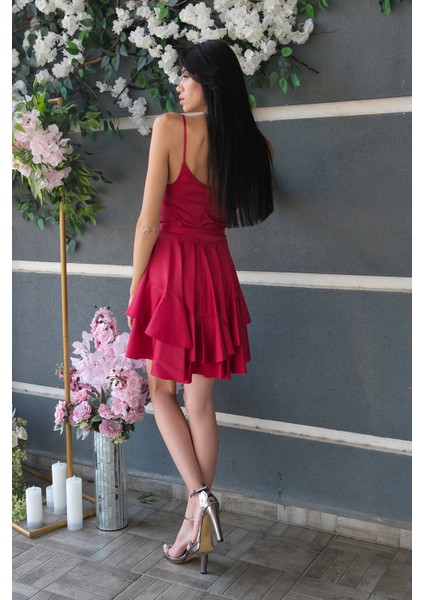 Kırmızı Ip Askılı Bel Kemer Bağlamalı Mini Boy Abiye 0802004.08 indirimleri