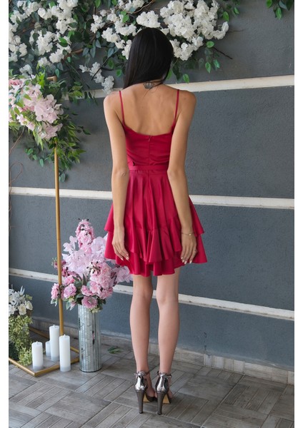 Kırmızı Ip Askılı Bel Kemer Bağlamalı Mini Boy Abiye 0802004.08