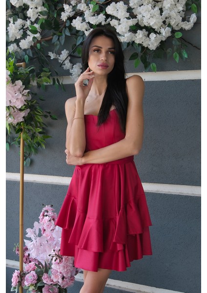 Kırmızı Ip Askılı Bel Kemer Bağlamalı Mini Boy Abiye 0802004.08