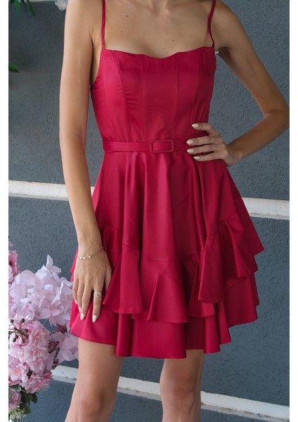 Kırmızı Ip Askılı Bel Kemer Bağlamalı Mini Boy Abiye 0802004.08