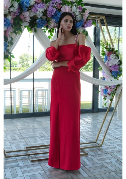 Kırmızı Kolları Şifon Yırtmaçlı Abiye 9705139.08