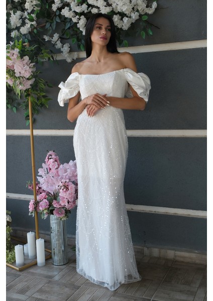 Beyaz Üzeri Taş Boncuk Işlemeli Balon Kol Abiye 9705417.15