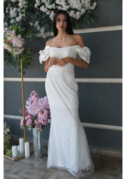 Beyaz Üzeri Taş Boncuk Işlemeli Balon Kol Abiye 9705417.15 fiyatları