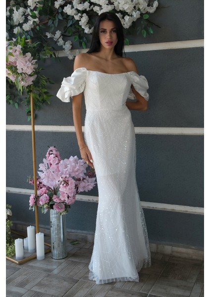 Beyaz Üzeri Taş Boncuk Işlemeli Balon Kol Abiye 9705417.15 modelleri