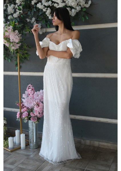 Beyaz Üzeri Taş Boncuk Işlemeli Balon Kol Abiye 9705417.15 fırsatları