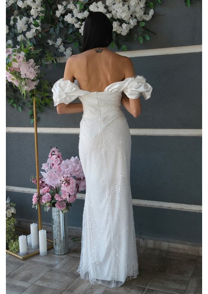 Beyaz Üzeri Taş Boncuk Işlemeli Balon Kol Abiye 9705417.15 indirimleri