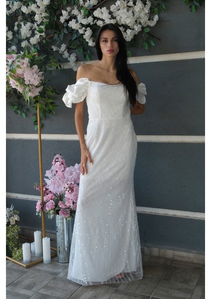 Beyaz Üzeri Taş Boncuk Işlemeli Balon Kol Abiye 9705417.15