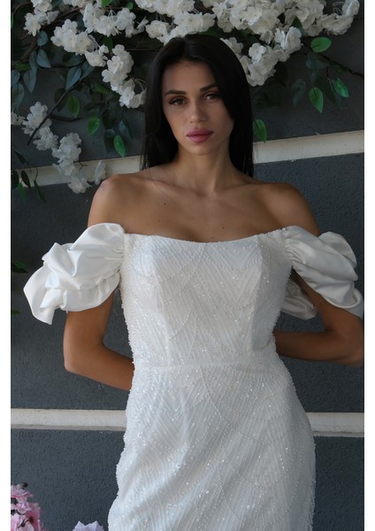 Beyaz Üzeri Taş Boncuk Işlemeli Balon Kol Abiye 9705417.15