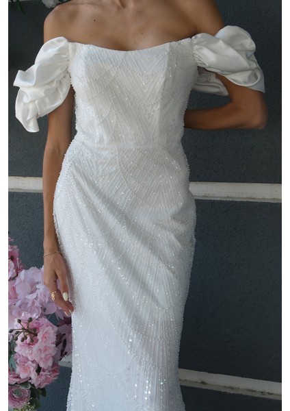 Beyaz Üzeri Taş Boncuk Işlemeli Balon Kol Abiye 9705417.15