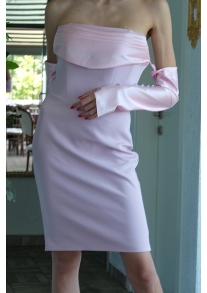 Pudra Drapeli Düğme Detaylı Mini Boy Abiye 9705537.79
