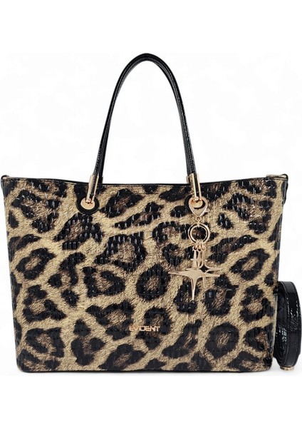 Siyah Rugan Baskılı Leopar Desenli Charm'lı Klasik Kadın El ve Uzun Askılı Omuz Çantası