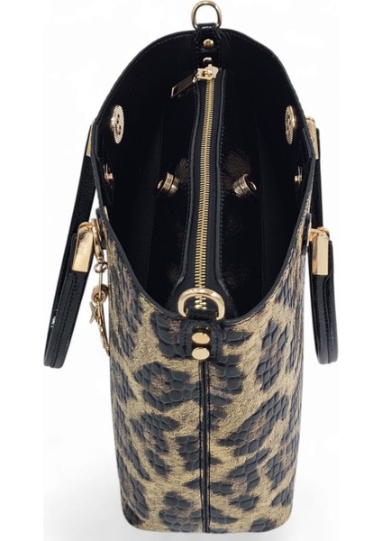 Siyah Rugan Baskılı Leopar Desenli Charm'lı Klasik Kadın El ve Uzun Askılı Omuz Çantası indirimleri