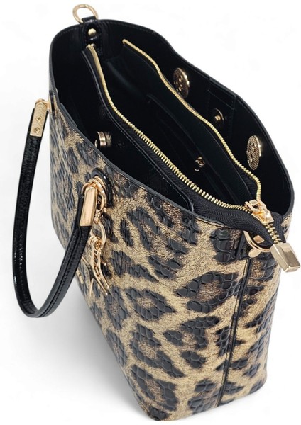 Siyah Rugan Baskılı Leopar Desenli Charm'lı Klasik Kadın El ve Uzun Askılı Omuz Çantası
