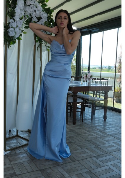 Bebe Mavi Straplez Drape Detaylı Yırtmaçlı Saten Kumaş Abiye Elbise 1607209.449