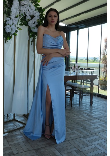 Bebe Mavi Straplez Drape Detaylı Yırtmaçlı Saten Kumaş Abiye Elbise 1607209.449 fırsatları