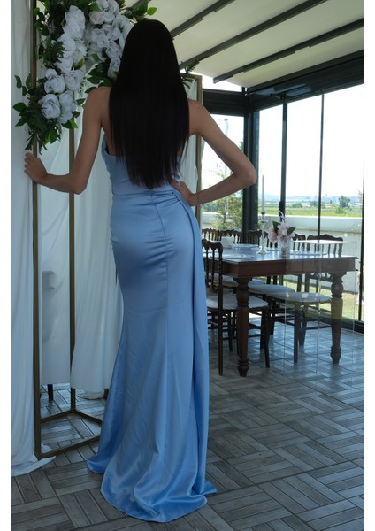 Bebe Mavi Straplez Drape Detaylı Yırtmaçlı Saten Kumaş Abiye Elbise 1607209.449