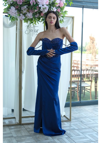 Saks Taş Detaylı Drapeli Straplez Saten Abiye 9705556.26 fiyatları