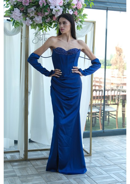 Saks Taş Detaylı Drapeli Straplez Saten Abiye 9705556.26 modelleri