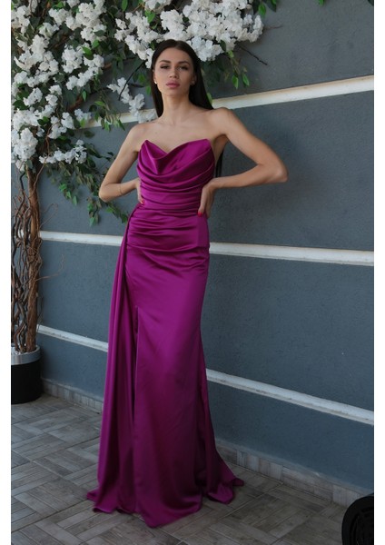 Violet Straplez Drape Detaylı Yırtmaçlı Saten Kumaş Abiye Elbise 1607209.273