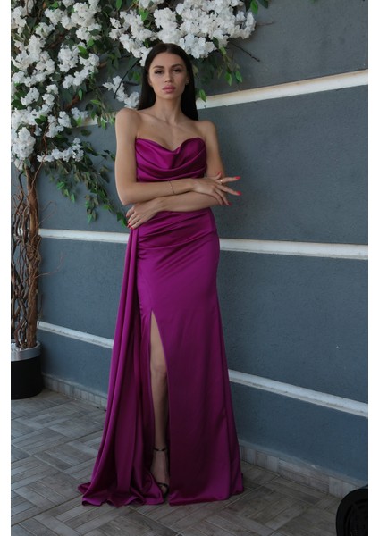 Violet Straplez Drape Detaylı Yırtmaçlı Saten Kumaş Abiye Elbise 1607209.273 fiyatları