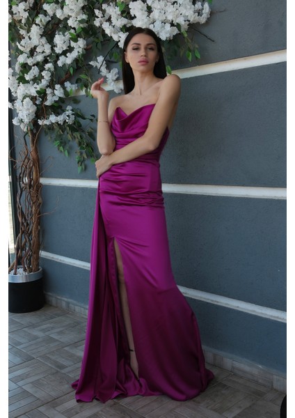 Violet Straplez Drape Detaylı Yırtmaçlı Saten Kumaş Abiye Elbise 1607209.273 fırsatları