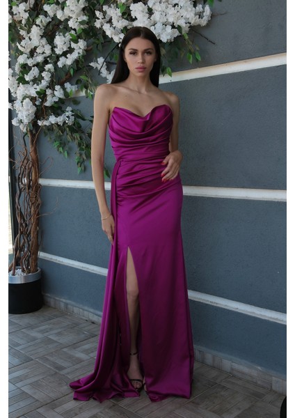 Violet Straplez Drape Detaylı Yırtmaçlı Saten Kumaş Abiye Elbise 1607209.273 indirimleri
