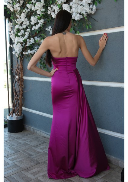 Violet Straplez Drape Detaylı Yırtmaçlı Saten Kumaş Abiye Elbise 1607209.273