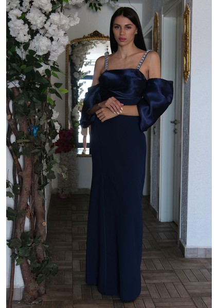 Lacivert Kolları Şifon Yırtmaçlı Abiye 9705139.02