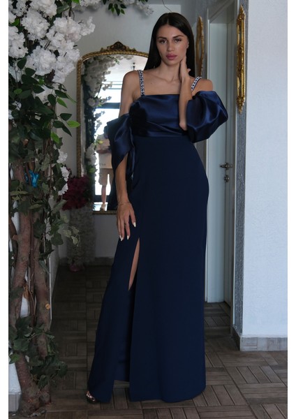 Lacivert Kolları Şifon Yırtmaçlı Abiye 9705139.02 fiyatları