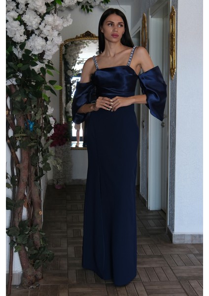 Lacivert Kolları Şifon Yırtmaçlı Abiye 9705139.02 modelleri