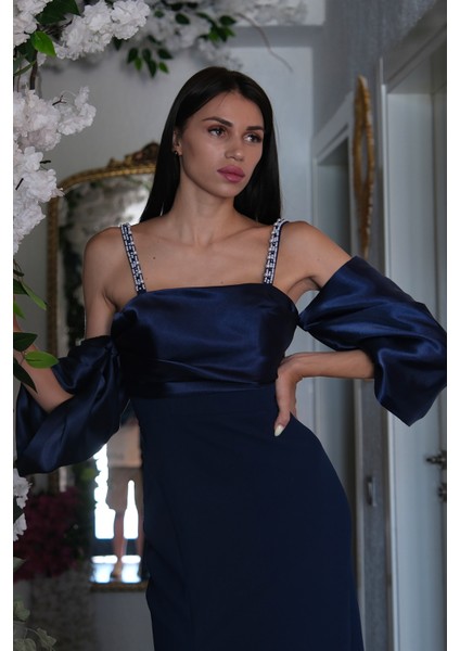 Lacivert Kolları Şifon Yırtmaçlı Abiye 9705139.02