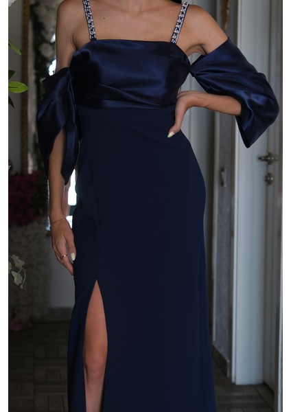 Lacivert Kolları Şifon Yırtmaçlı Abiye 9705139.02