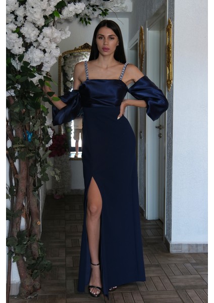 Lacivert Kolları Şifon Yırtmaçlı Abiye 9705139.02