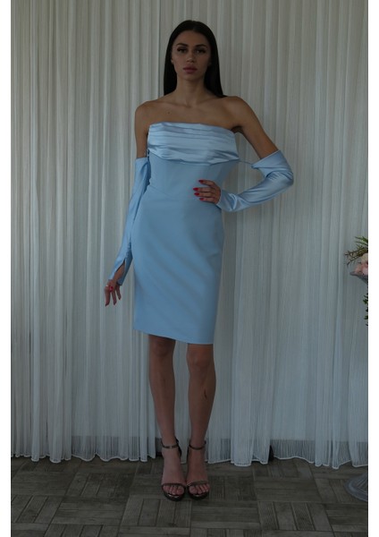 Bebe Mavi Drapeli Düğme Detaylı Mini Boy Abiye 9705537.449