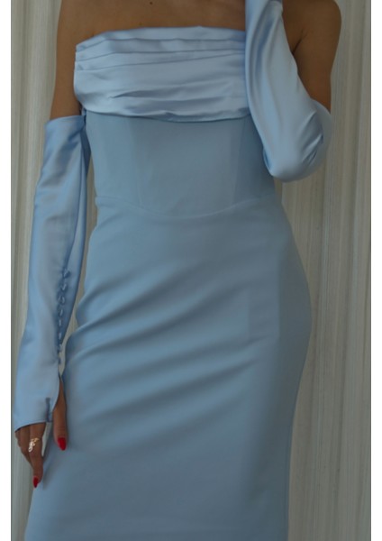 Bebe Mavi Drapeli Düğme Detaylı Mini Boy Abiye 9705537.449