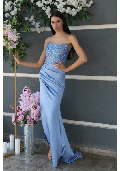 Bebe Mavi Göğüs Pul ve Taşlı Saten Abiye 9705294.449