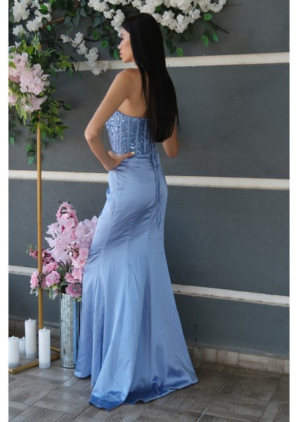 Bebe Mavi Göğüs Pul ve Taşlı Saten Abiye 9705294.449 modelleri