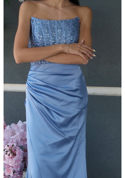 Bebe Mavi Göğüs Pul ve Taşlı Saten Abiye 9705294.449