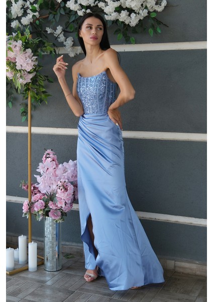 Bebe Mavi Göğüs Pul ve Taşlı Saten Abiye 9705294.449