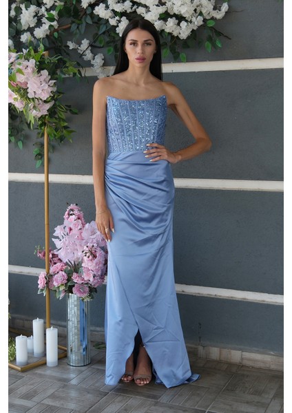 Bebe Mavi Göğüs Pul ve Taşlı Saten Abiye 9705294.449
