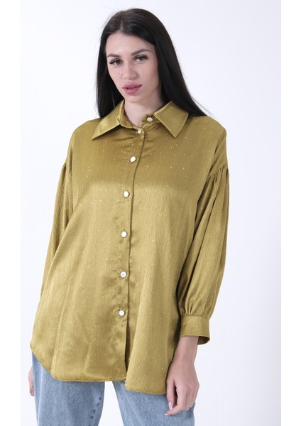 Fıstık Işıltı Nokta Desenli Bağlamalı Şık Gömlek 4595308.22