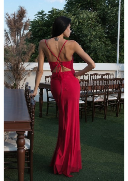Kırmızı Askılı Yırtmaç Detaylı Drapeli Abiye 9705289.08