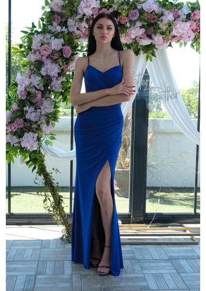 Saks Askılı Yırtmaç Detaylı Drapeli Abiye 9705289.26 fiyatları